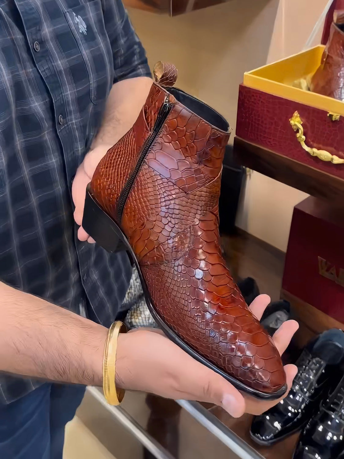 Tan Cobra Scaled Cuban Heel Zip Boots - Main Image