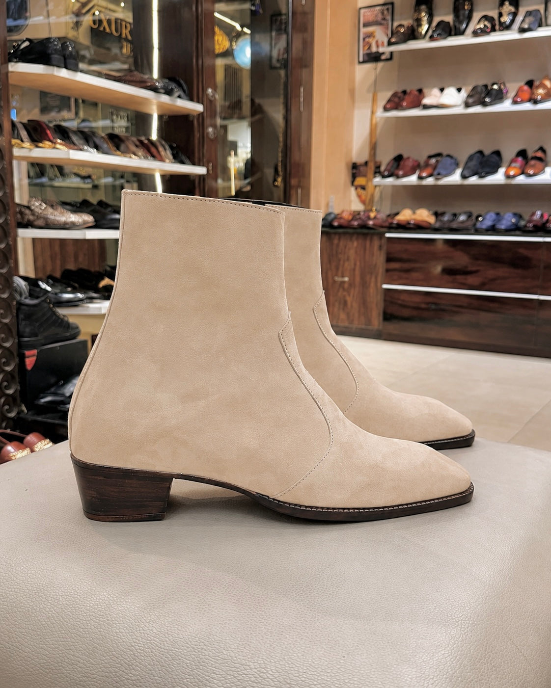 High-top Beige Suede Boots With Cuban Heel