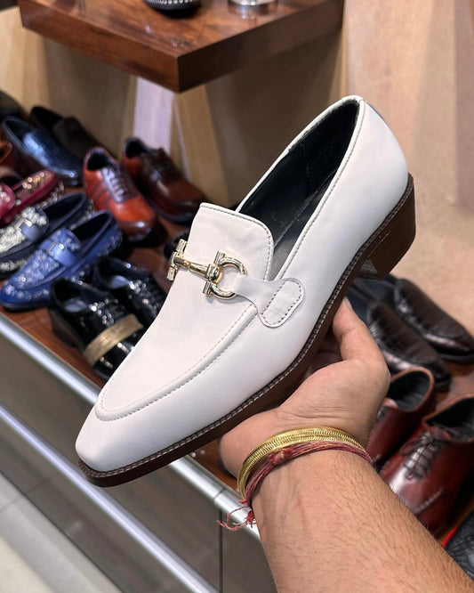 White Italian Leather Horsebit Loafers with Brown Cuban Heel