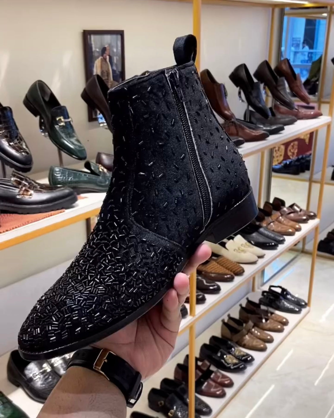 Black Pure Italian Suede Embroidered Zipper Boots