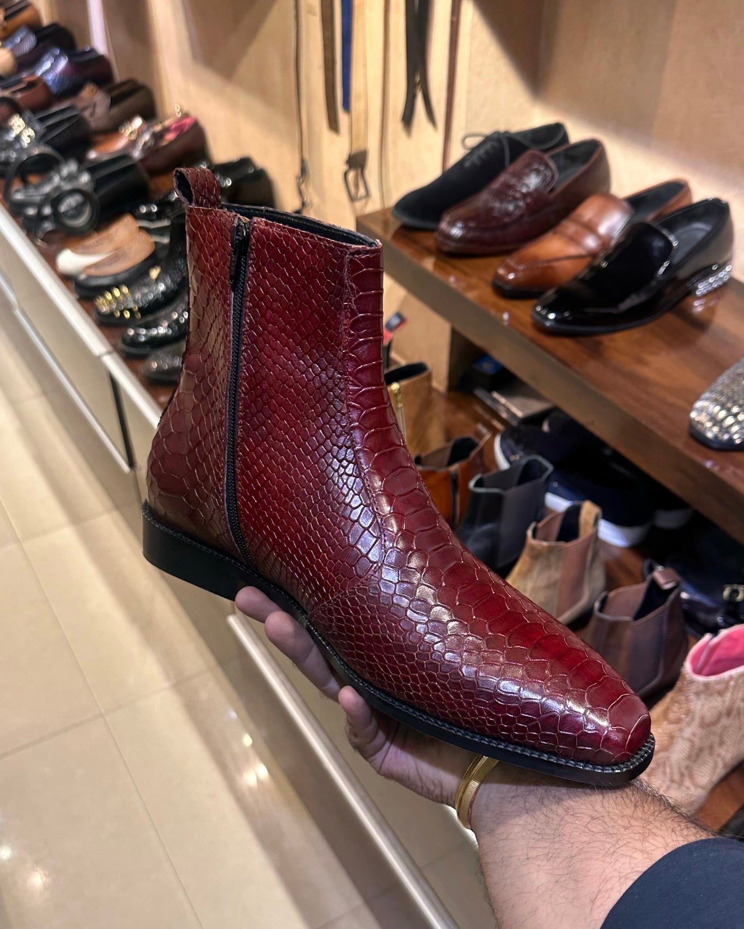 Burgundy Cobra Scaled Zip Boots