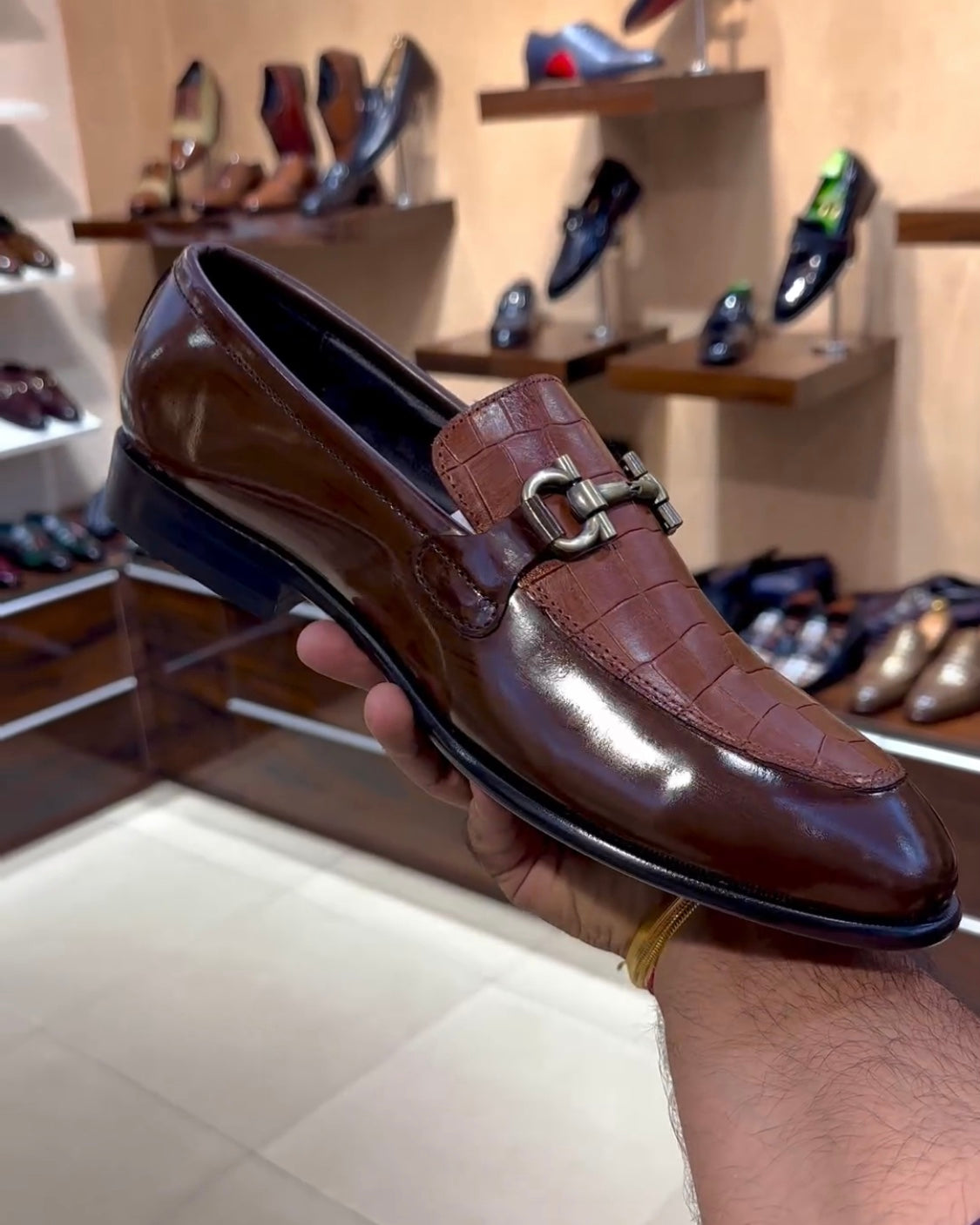 Caramel Brown Crocodile Scaled Spectator Moccasins