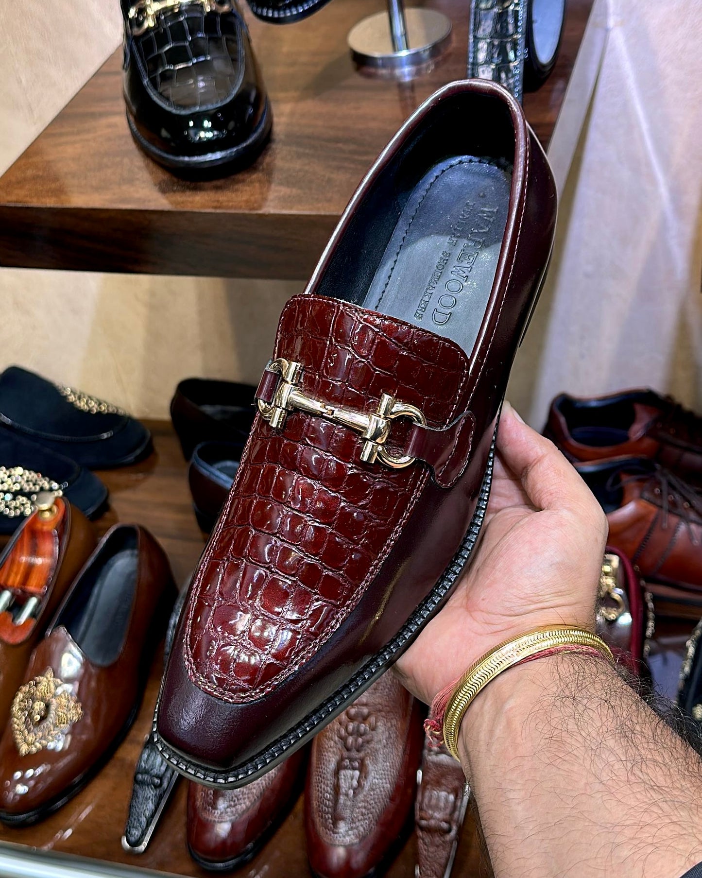 Two-tone Burgundy Croco Horsebit Loafers