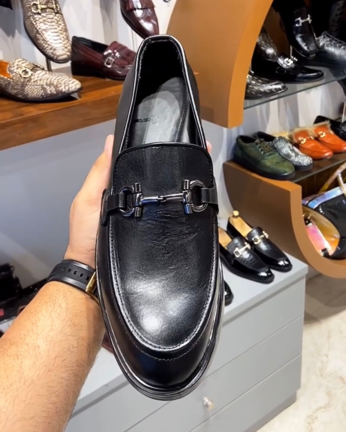 Classic Black Loafers with Silver Buckle and Rubber Sole