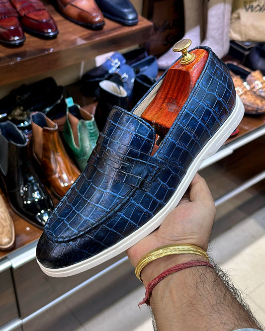 Midnight Blue Crocodile Scaled Yacht Loafers