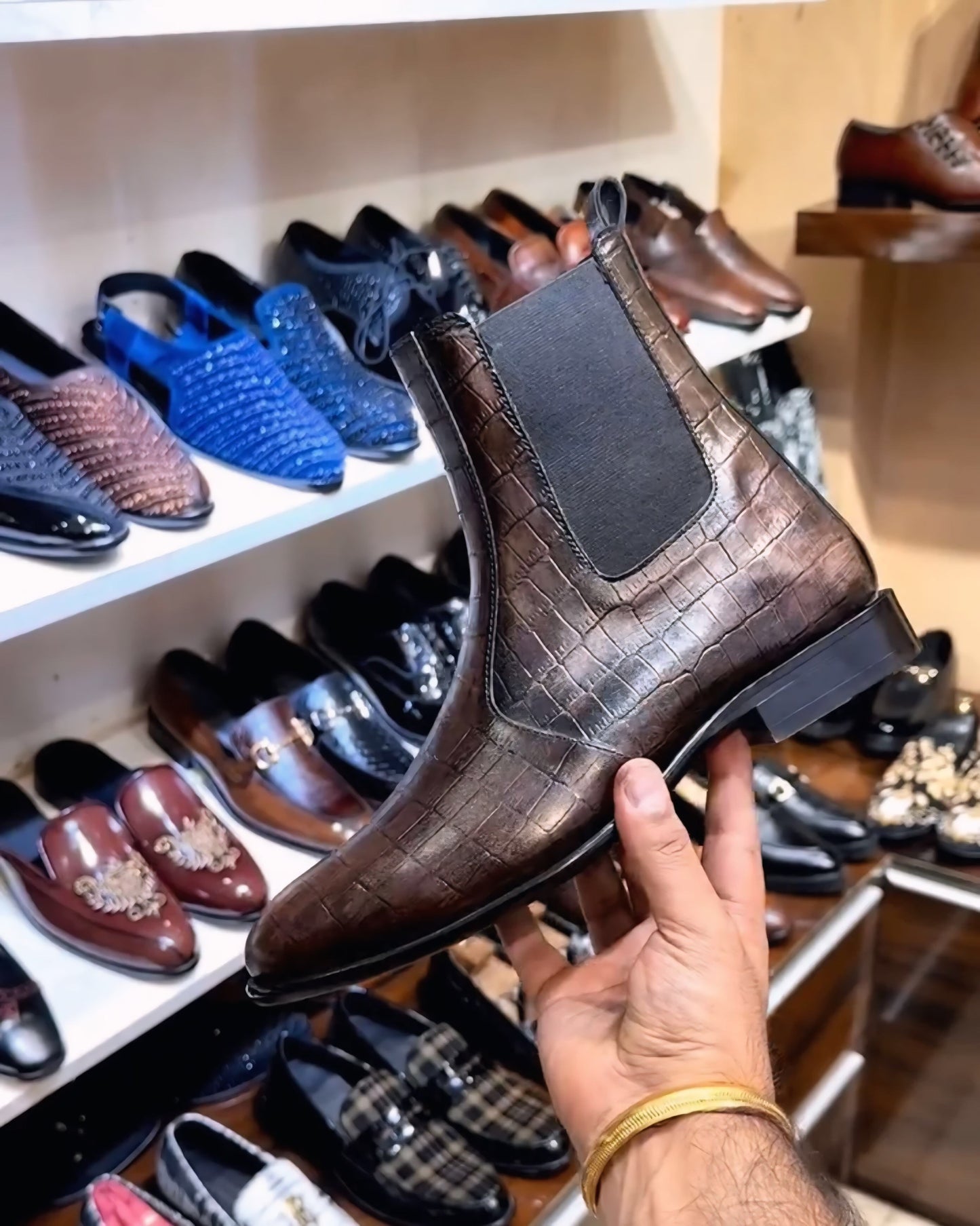 Metallic Brown Crocodile Scaled Chelsea Boots