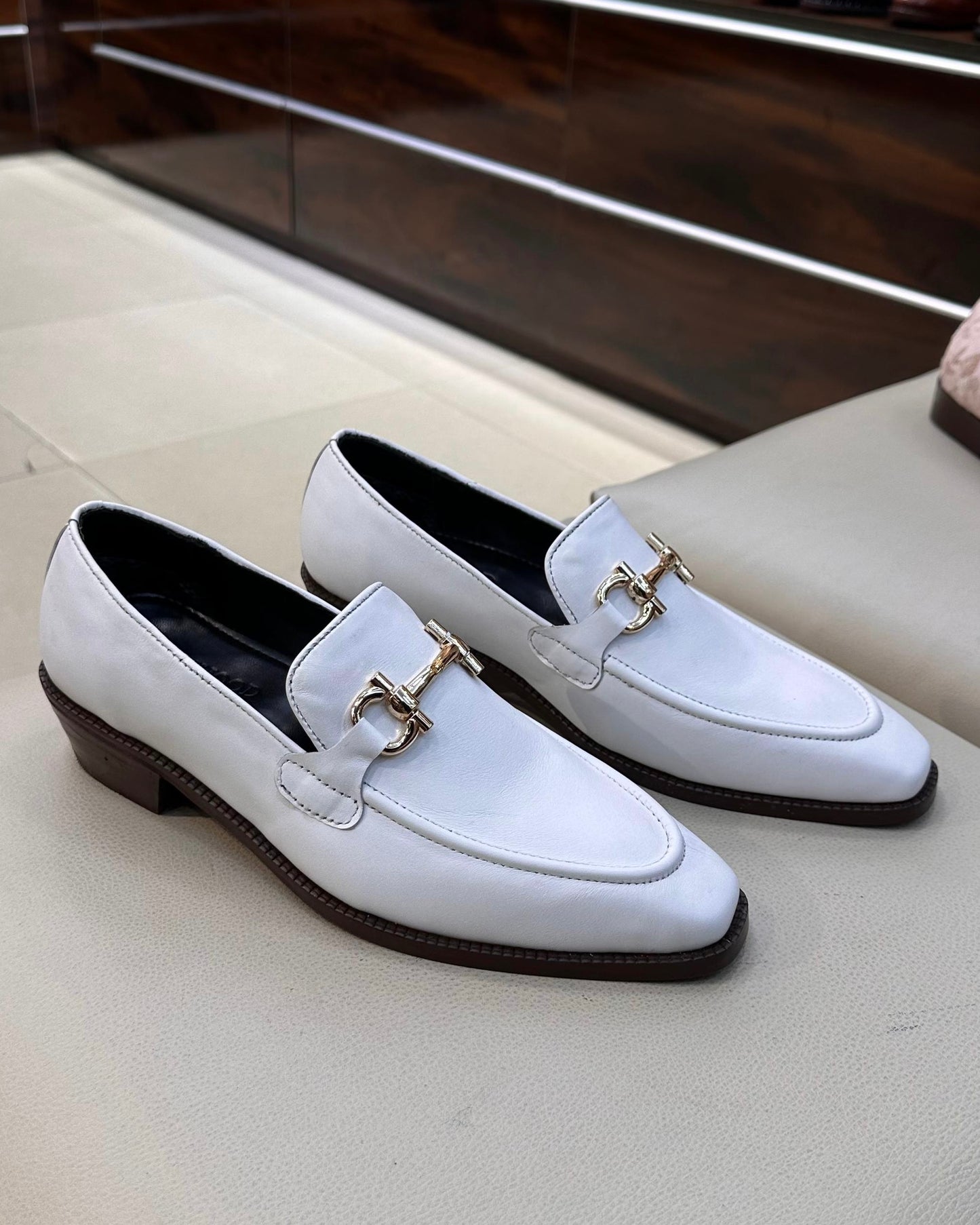White Italian Leather Horsebit Loafers with Brown Cuban Heel