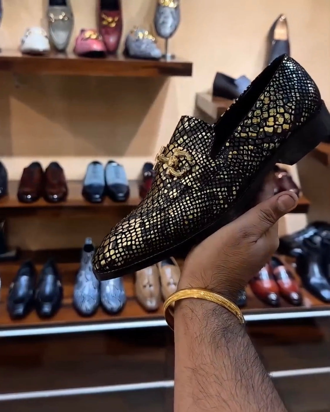 Exotic Gold-black Snake Foil Loafers with Gold Buckle