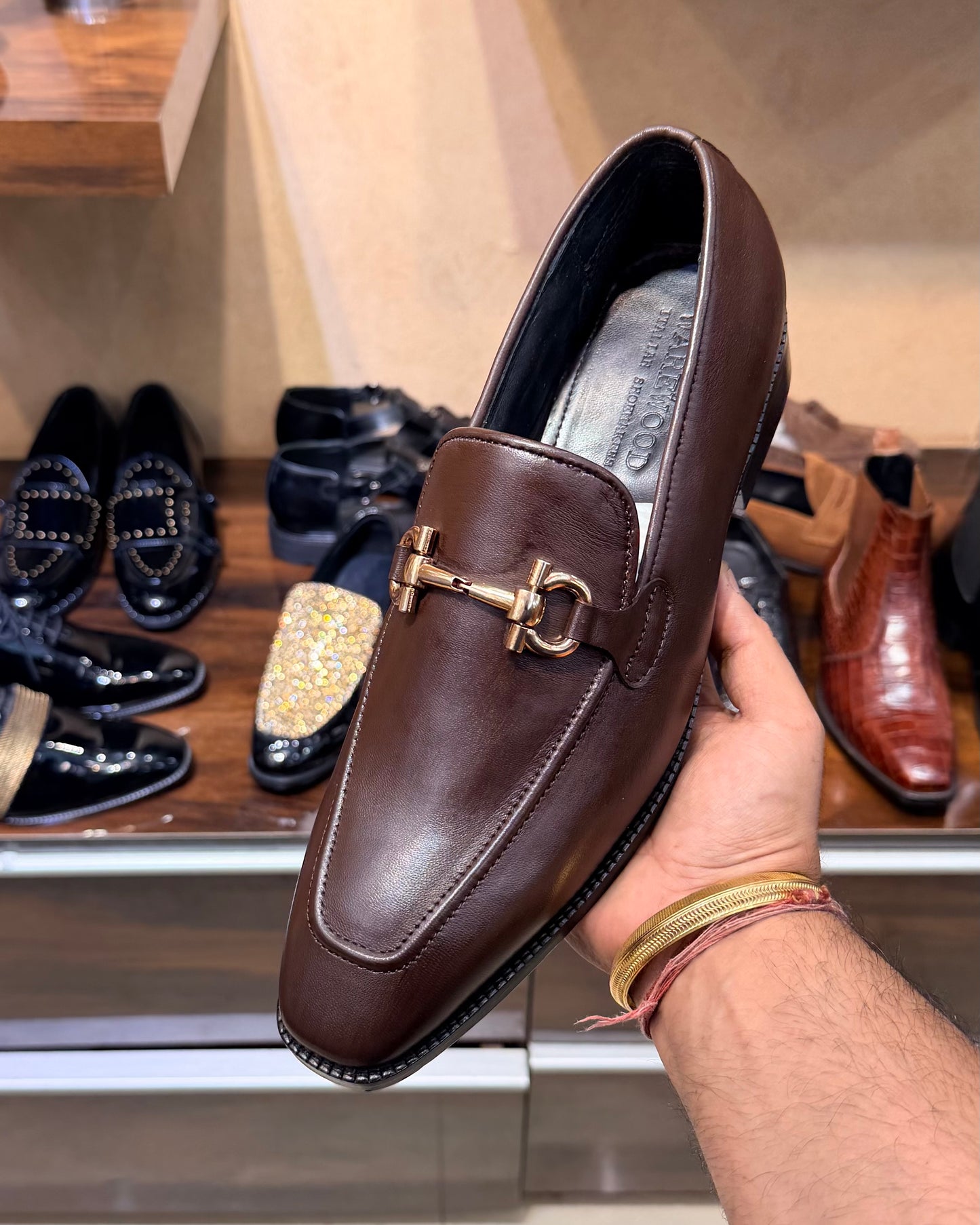 Brown Square Toe Horsebit Loafers in Calfskin Leather