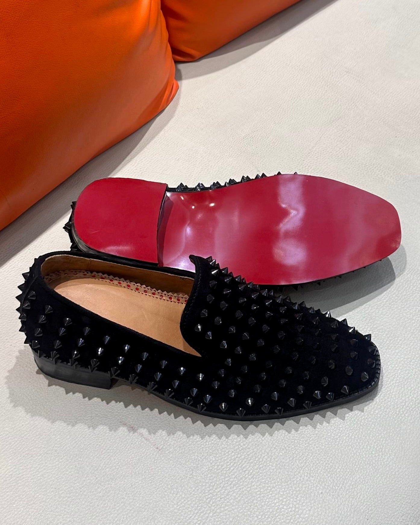Black Studded Loafers with Beige Lining & Red Bottoms