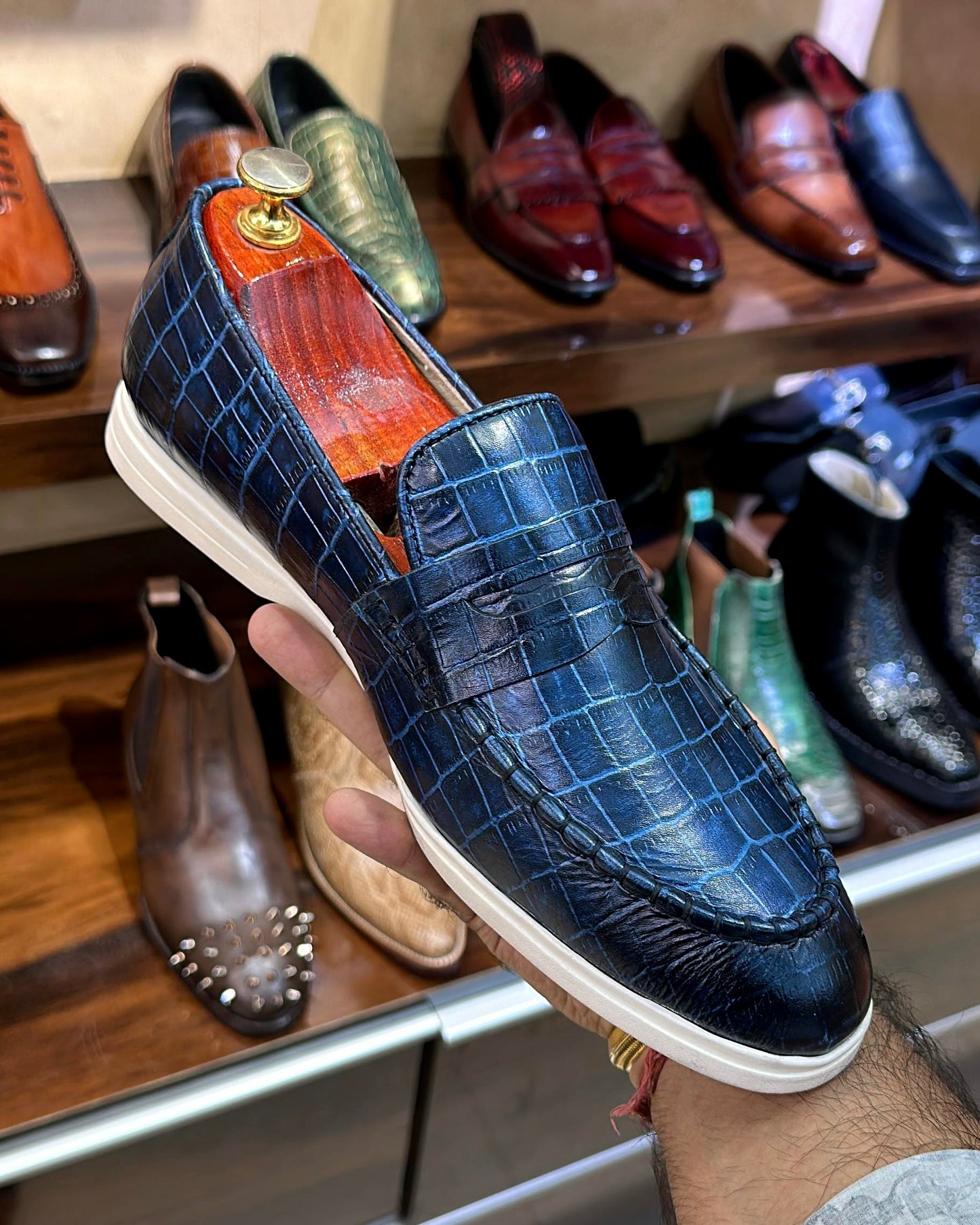Midnight Blue Crocodile Scaled Yacht Loafers