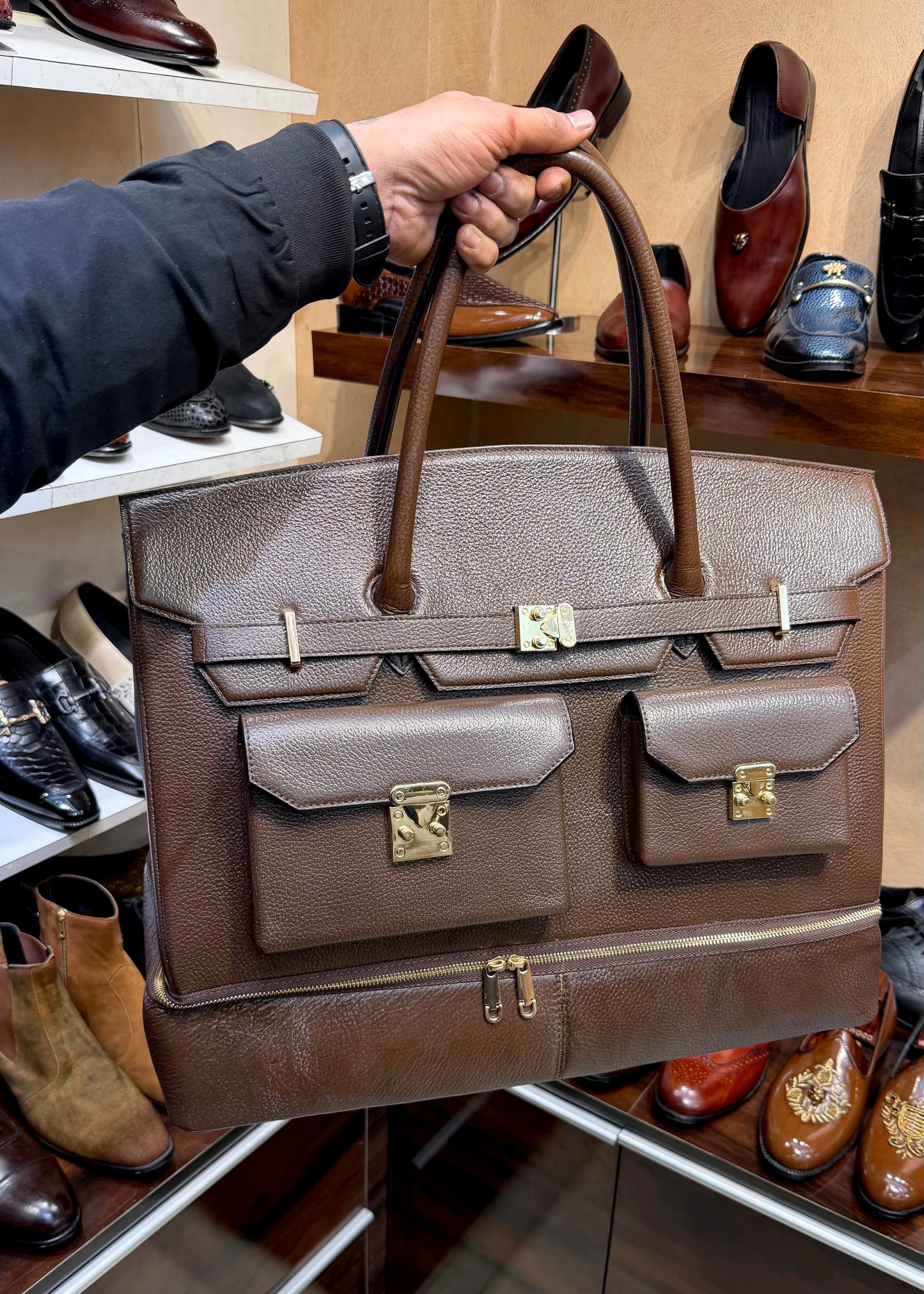 Brown Full Grain Pebble Leather Travel Bag with Bottom Shoe Compartment