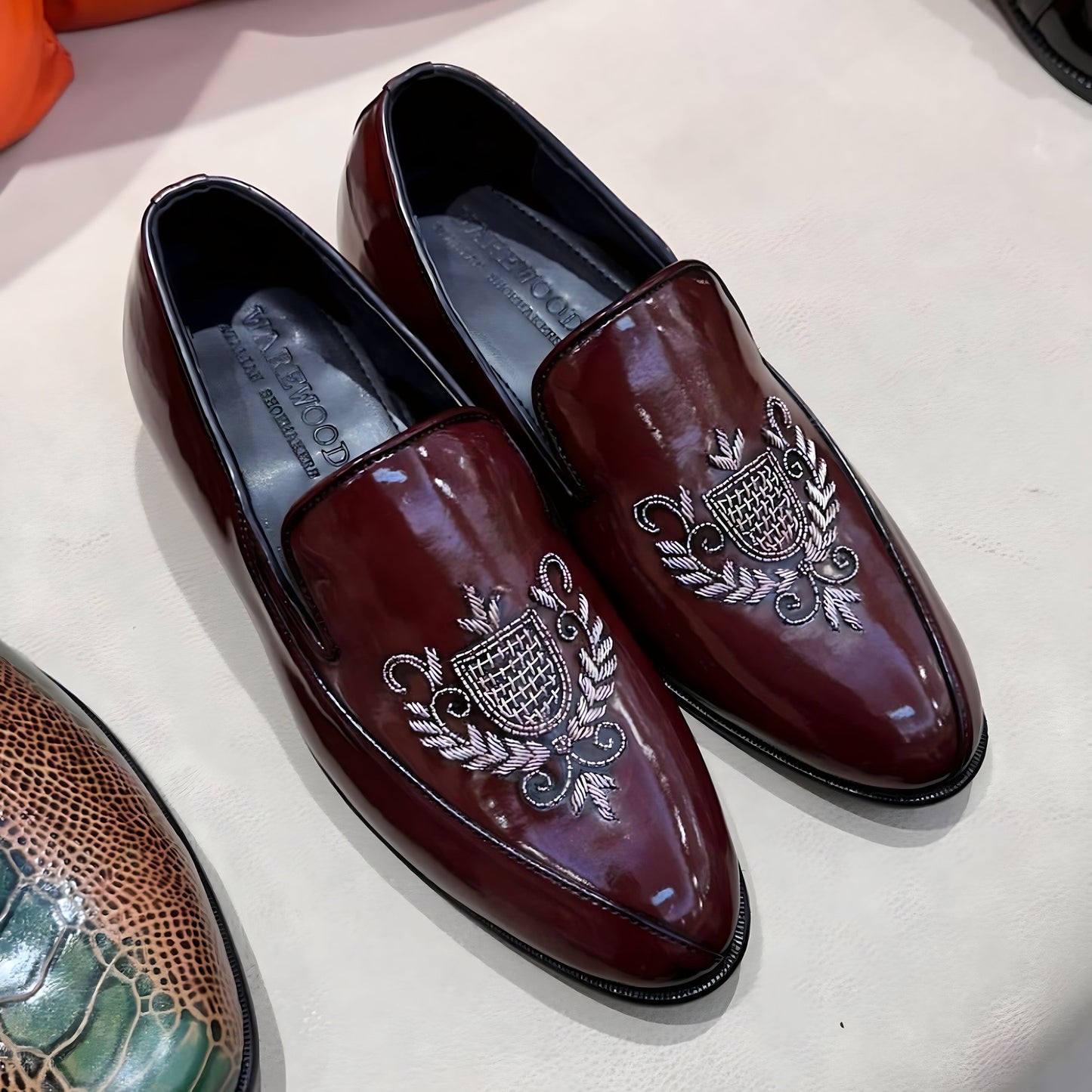 Burgundy Patina Silver Embroidery Moccasins