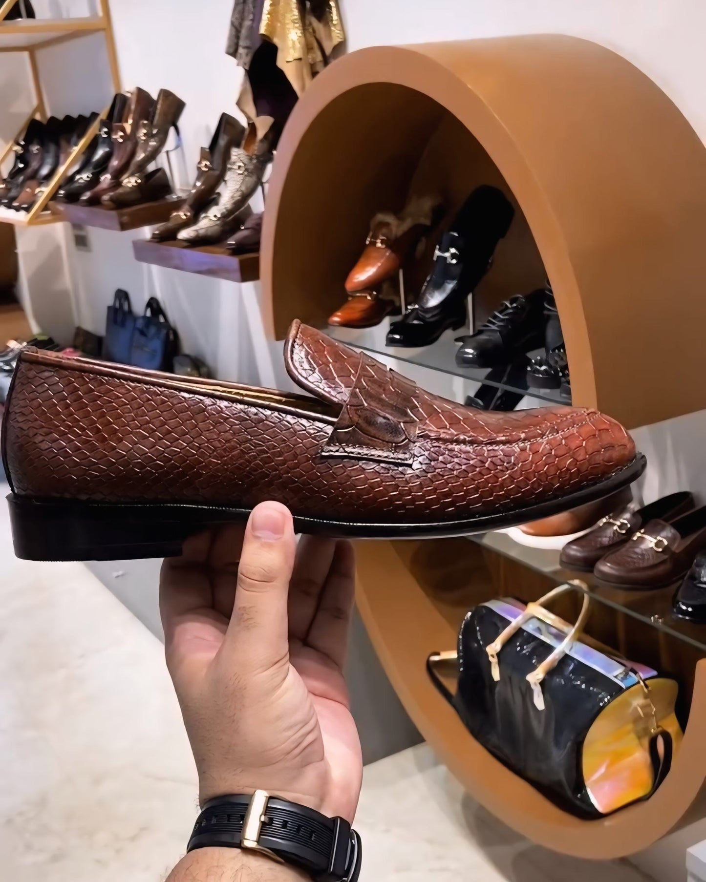 Brown Patina Cobra Scaled Penny Moccasins