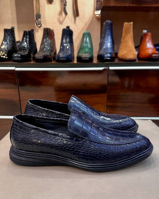 Navy Crocodile Scaled Eva Sole Loafers