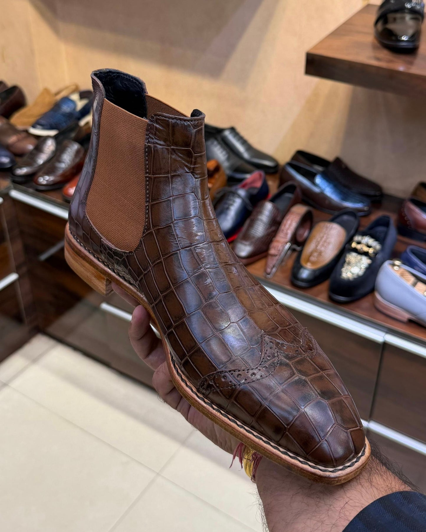 Brown Crocodile Scaled Chelsea Boots with Natural Leather Sole