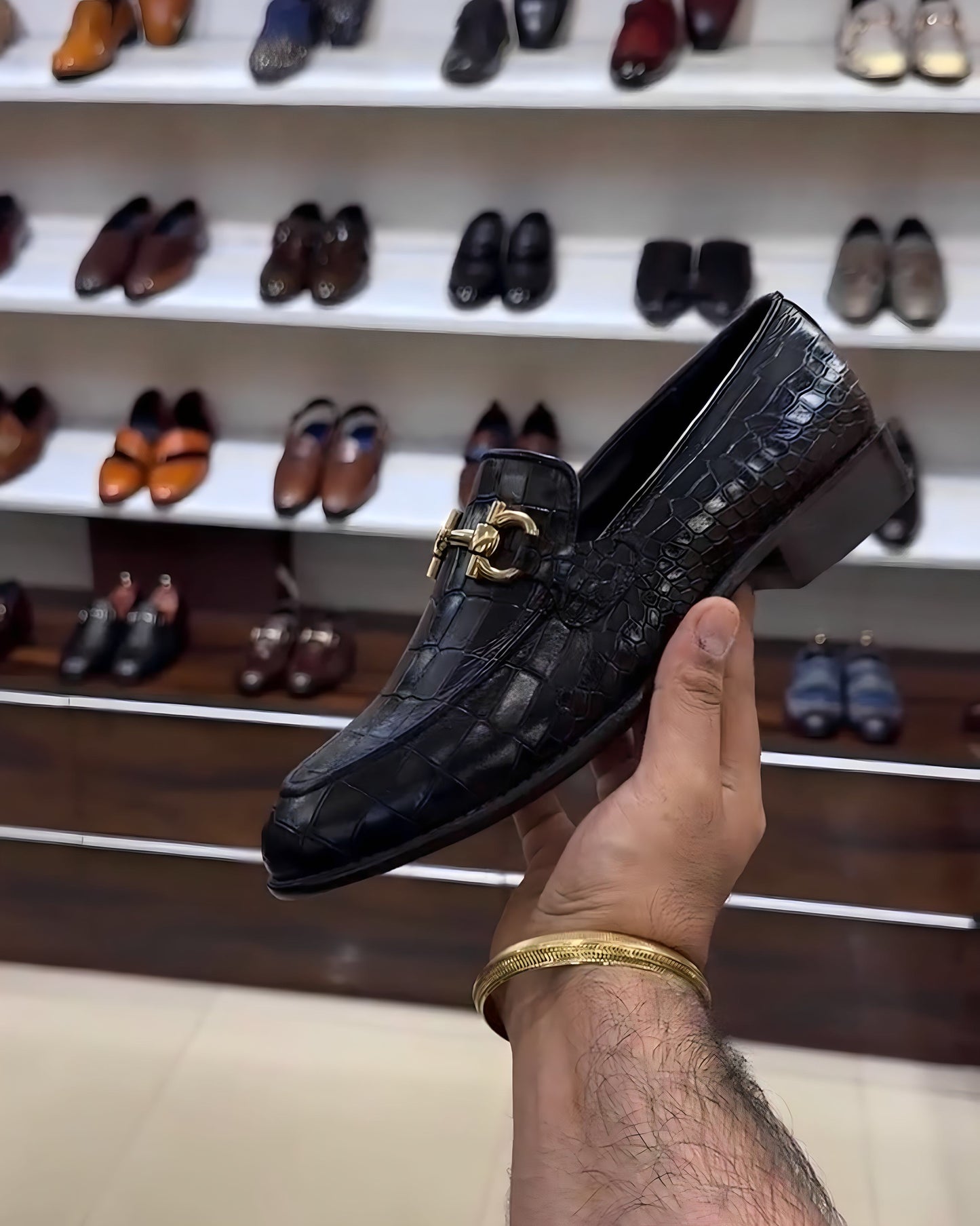 Smooth Black Crocodile Leather Loafers with Gold Buckle