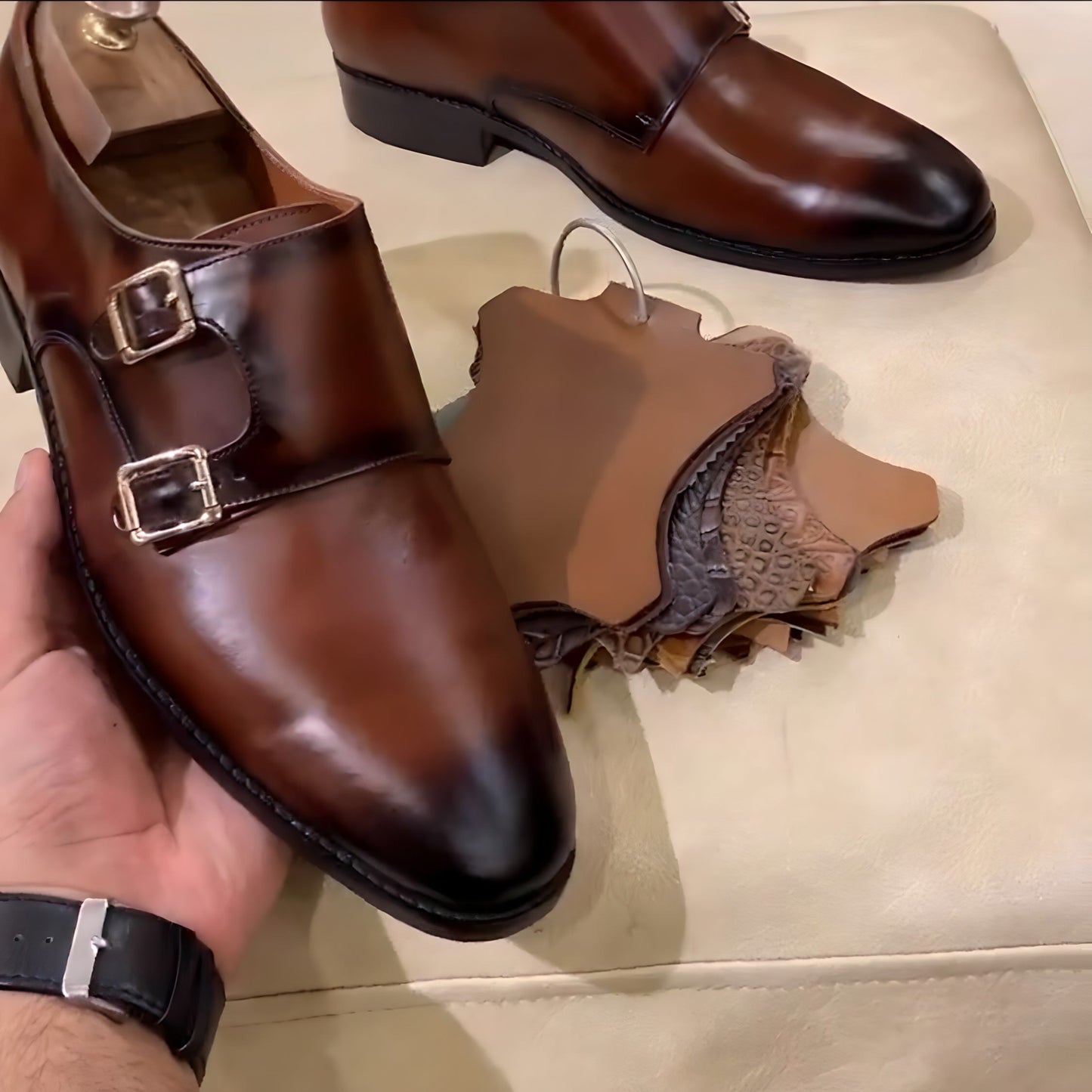 Cognac Patina Double Monks on Pure Italian Crust Leather