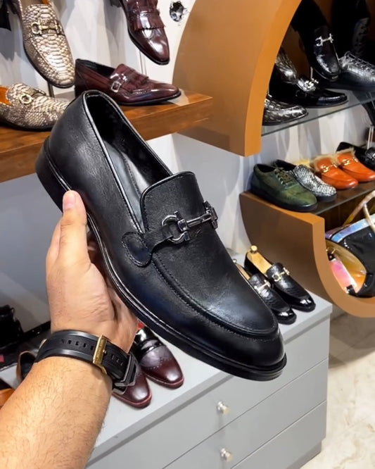 Classic Black Loafers with Silver Buckle and Rubber Sole