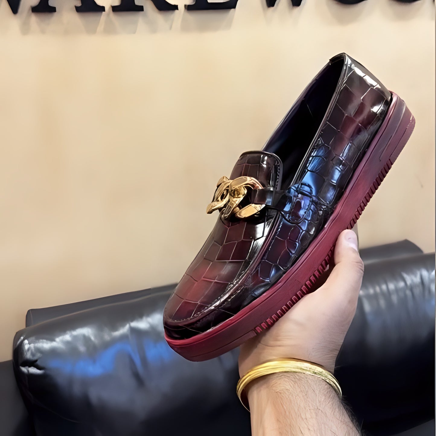 Wine Crocodile Scaled Sneakers