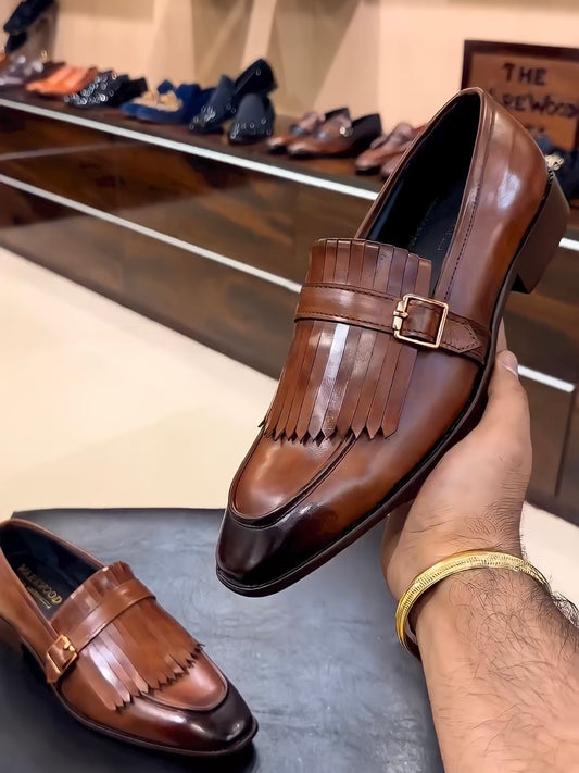 Tan Fringe Moccasins on Italian Crust Leather