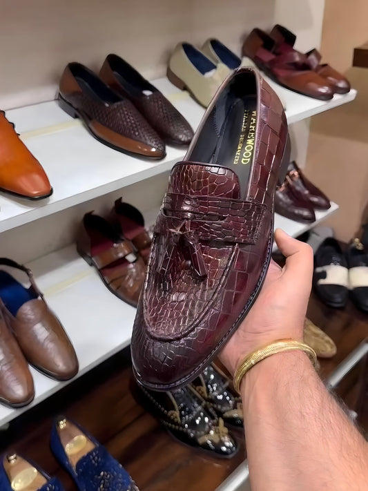 Wine Shade Crocodile Scaled Tassel Moccasins
