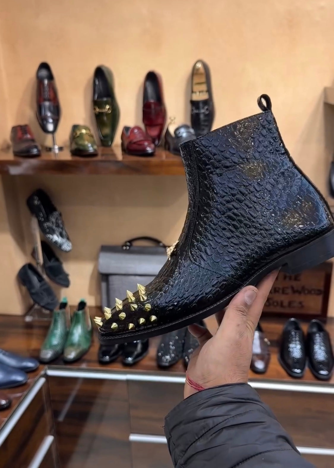 Patent Baby Crocodile Studded Toe Zip Boots