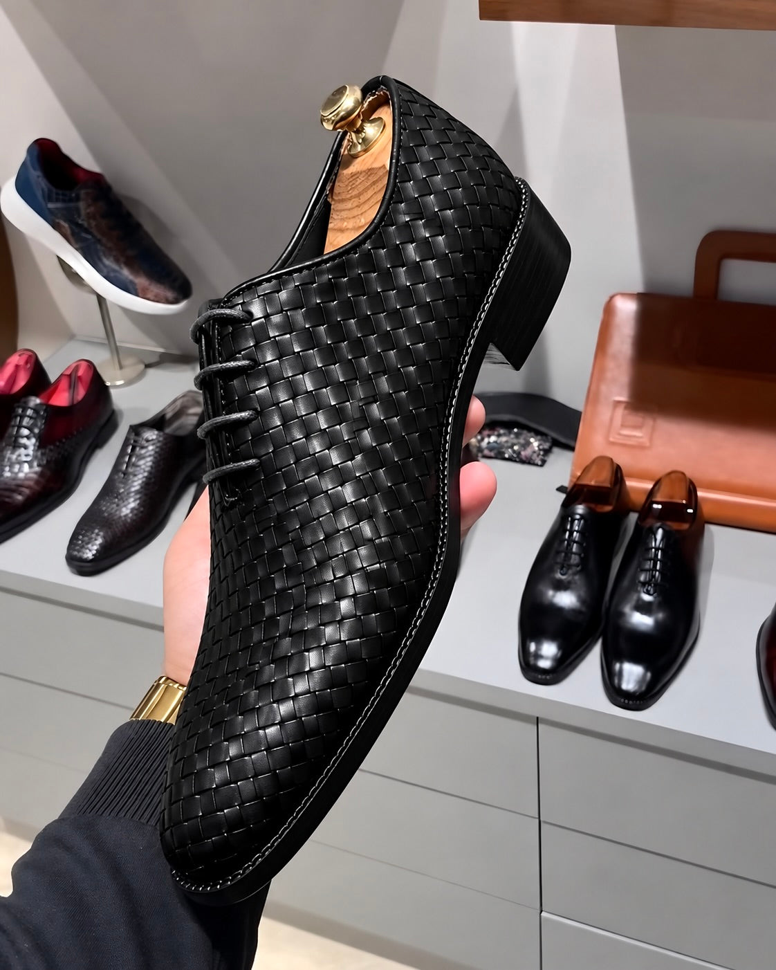 Black Hand-Woven Leather Wholecut Oxfords