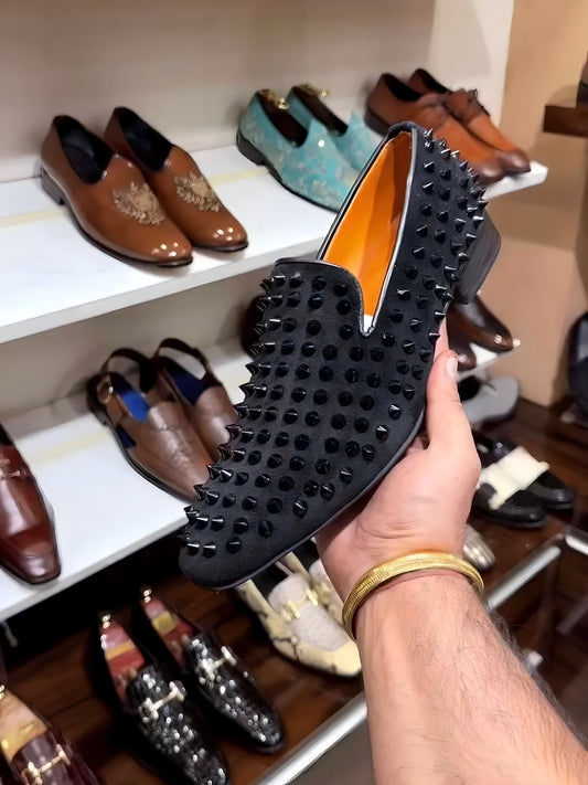 Black Studded Moccasins with Orange Interior and Red Bottoms