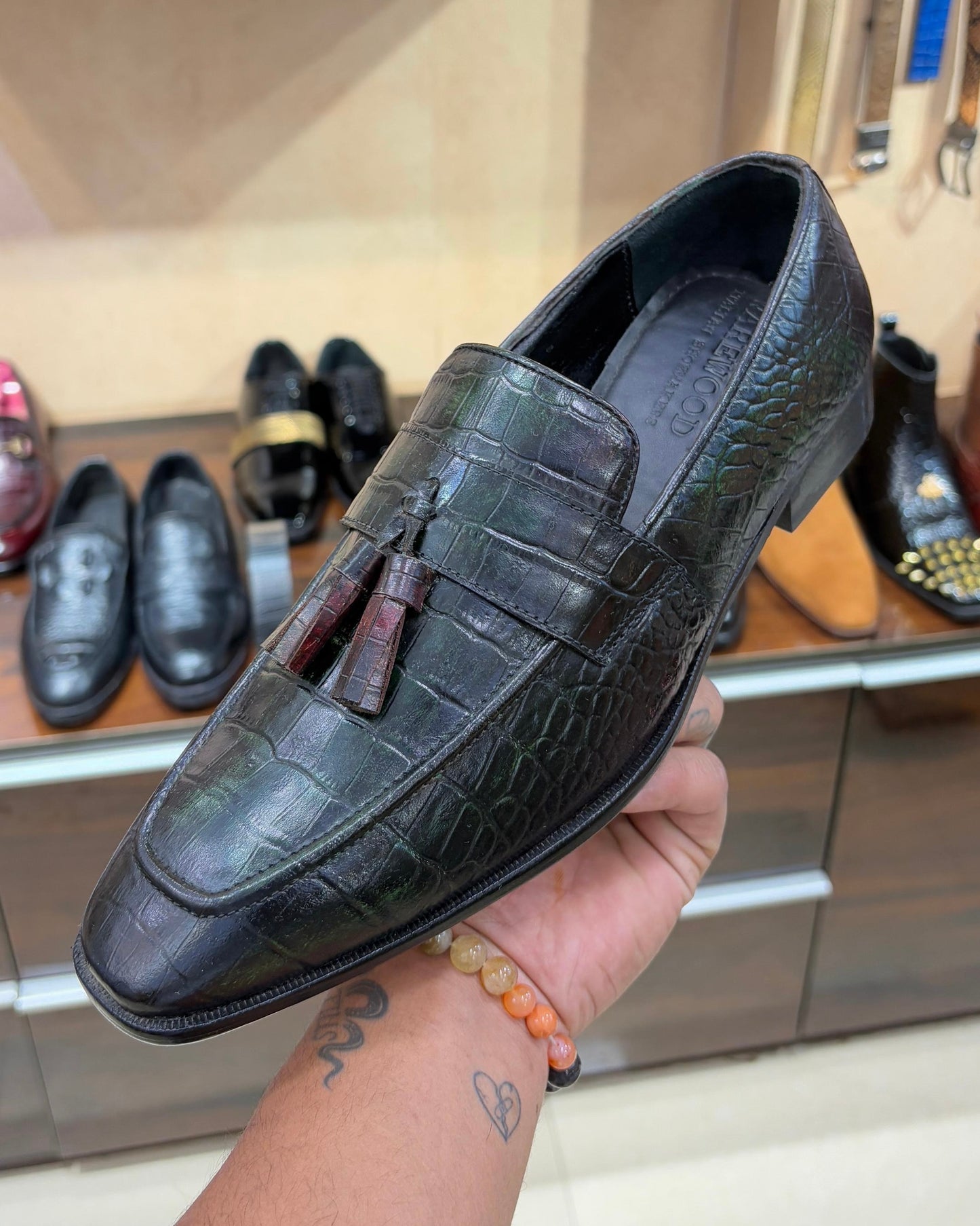 Forest Green Patina Crocodile Leather Tassel Loafers