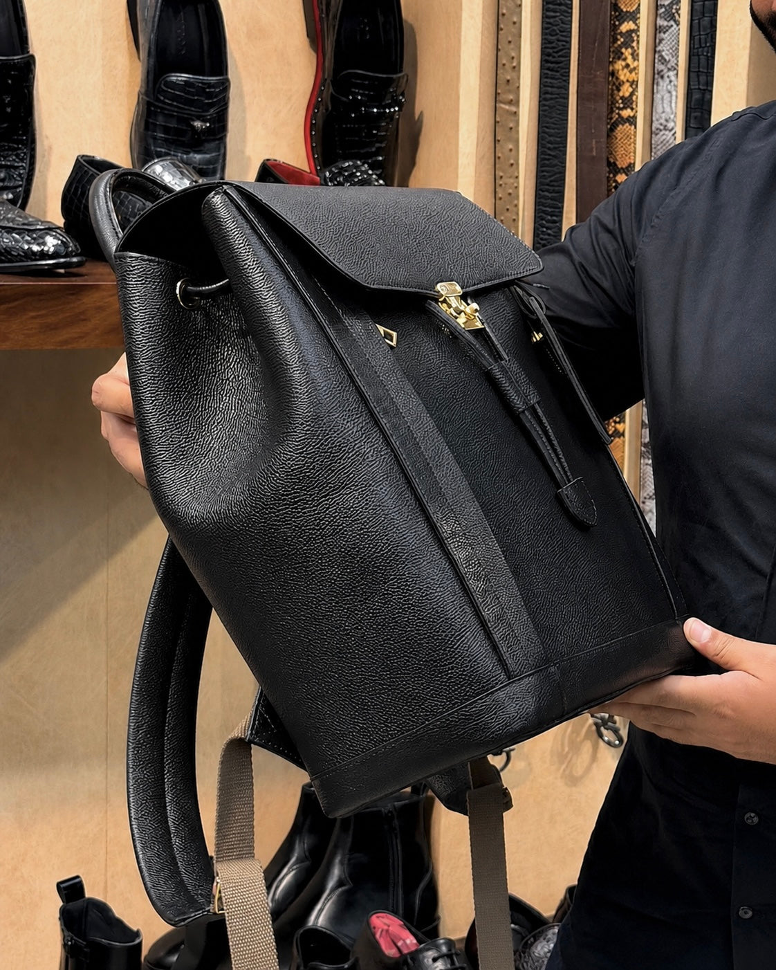 Black Full Grain Leather Backpack