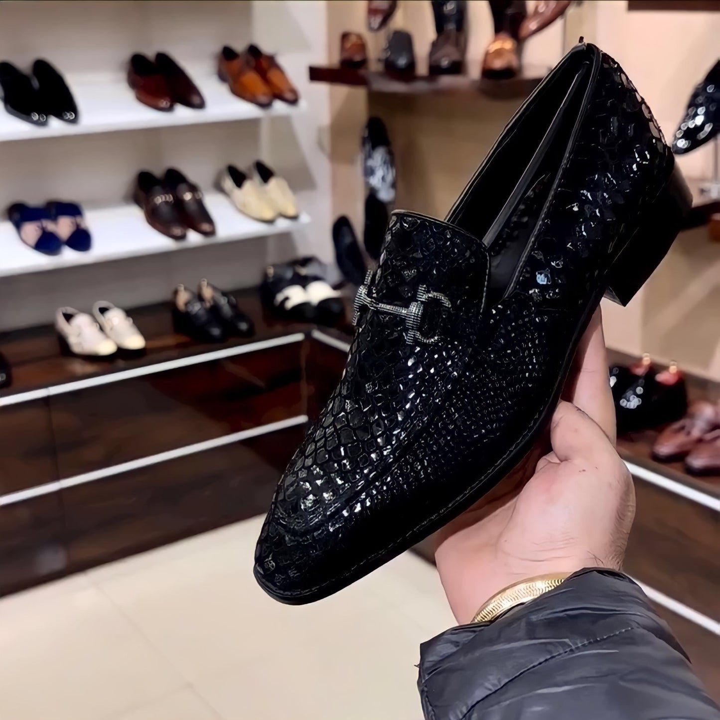 Mirror Gloss Exotic Black Snake Foil Moccasins
