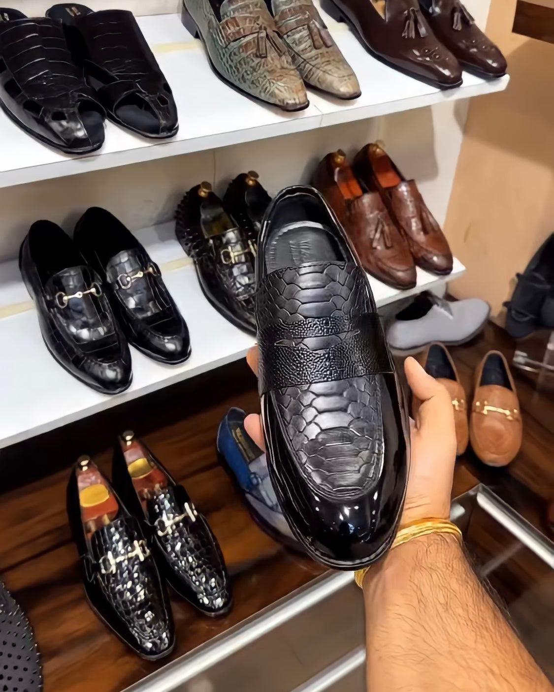 Patent Cobra Scaled Spectator Moccasins