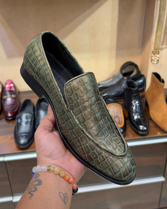 Light Olive Green Crocodile Leather Slip-ons