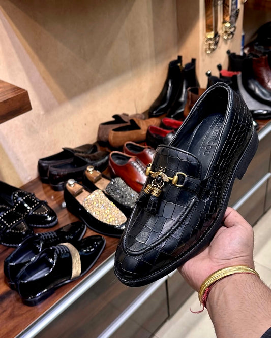 Black Crocodile Scaled Horsebit Tassel Loafers
