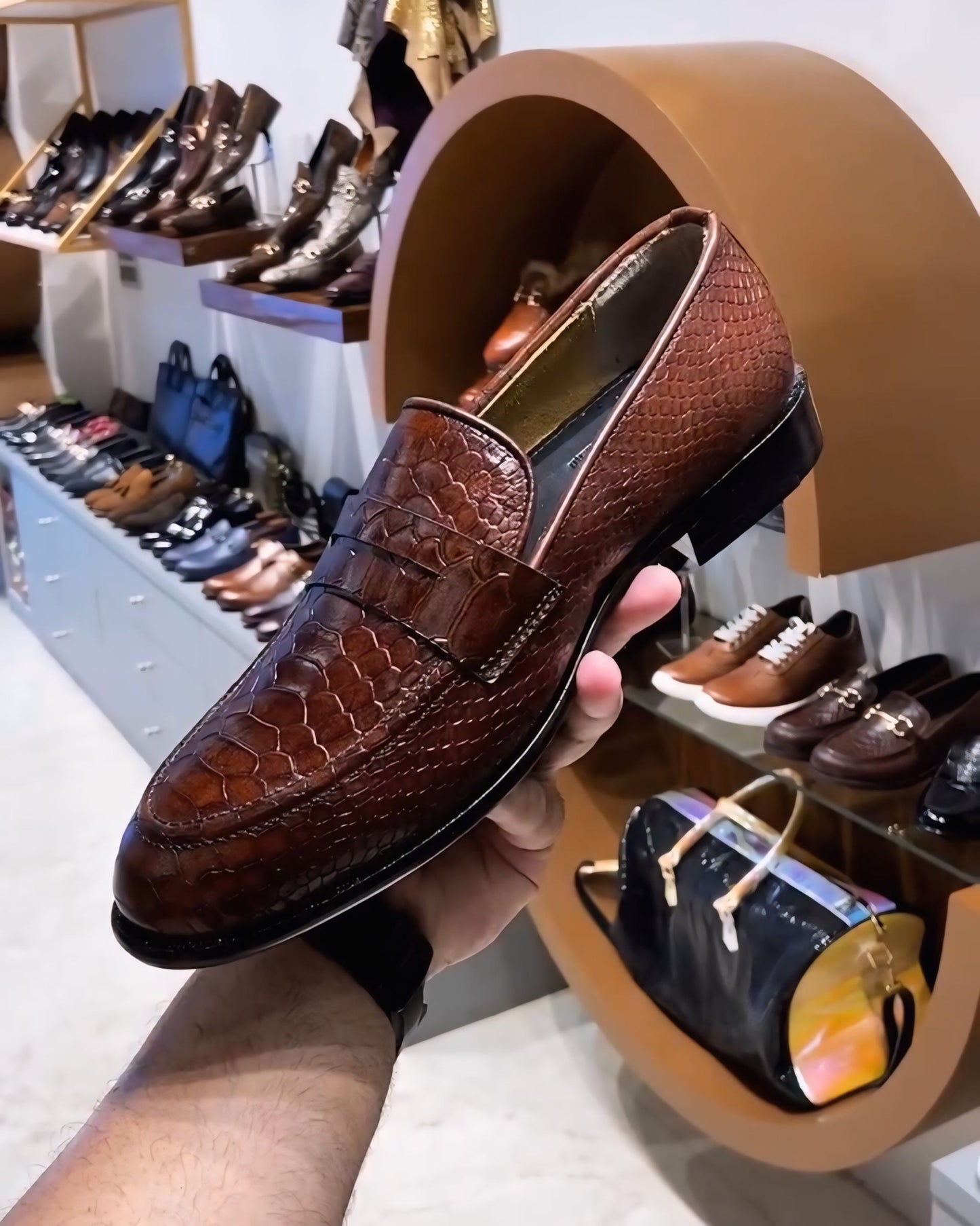 Brown Patina Cobra Scaled Penny Moccasins