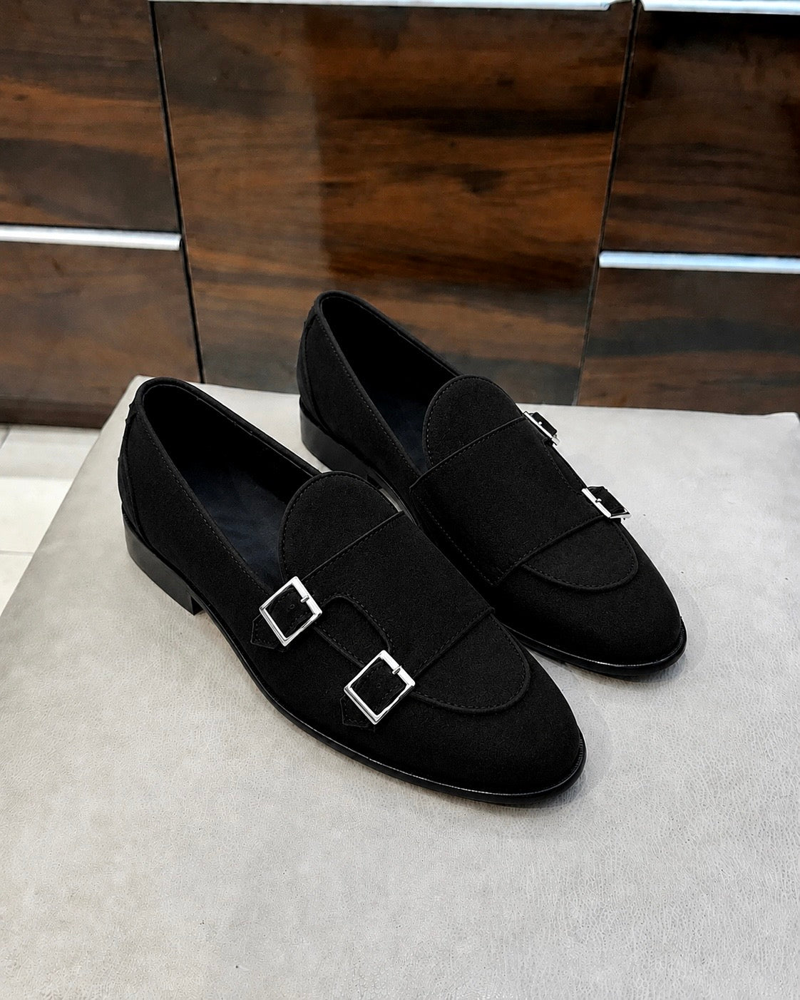 Black Suede Double Monk Strap Loafers