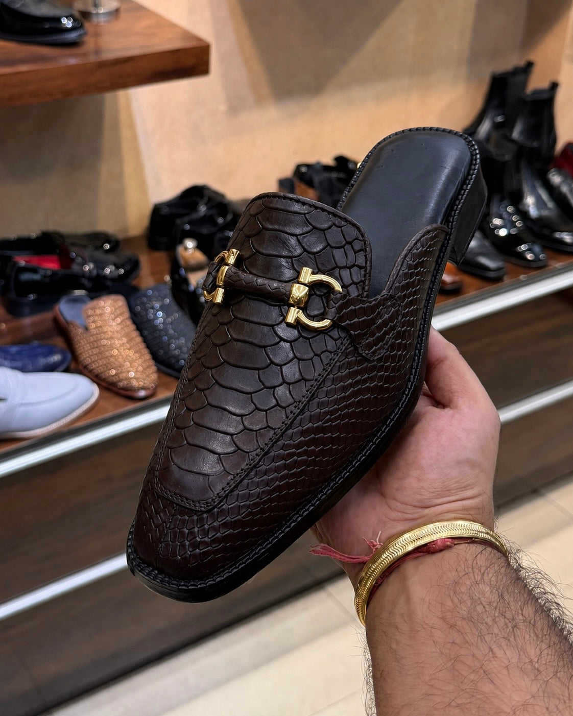 Dark Brown Cobra Scaled Gold Horsebit Mules