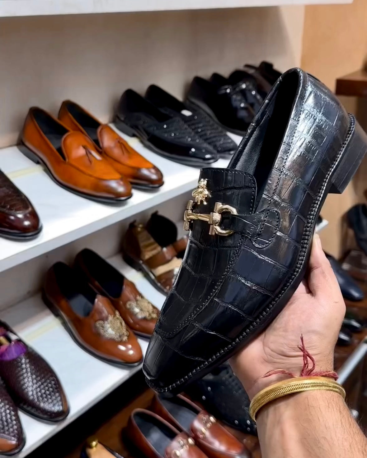 Black Crocodile Scaled Horsebit Loafers with Bee