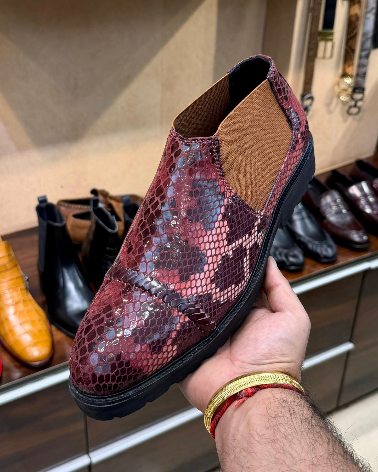 Exotic Burgundy Snake Pattern Low-top Chelsea Boots with Lug Sole