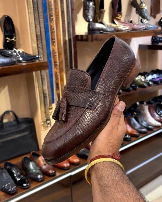 Brown Exotic Snake Scaled Tassel Moccasins