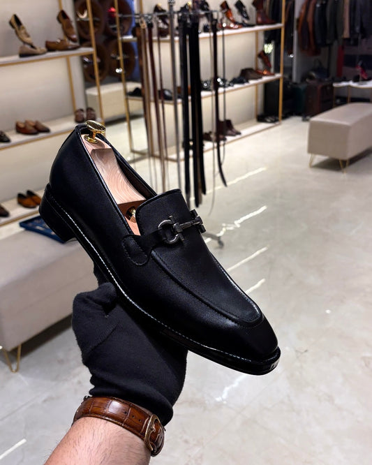 Black Italian Leather Loafers with Gunmetal Buckle