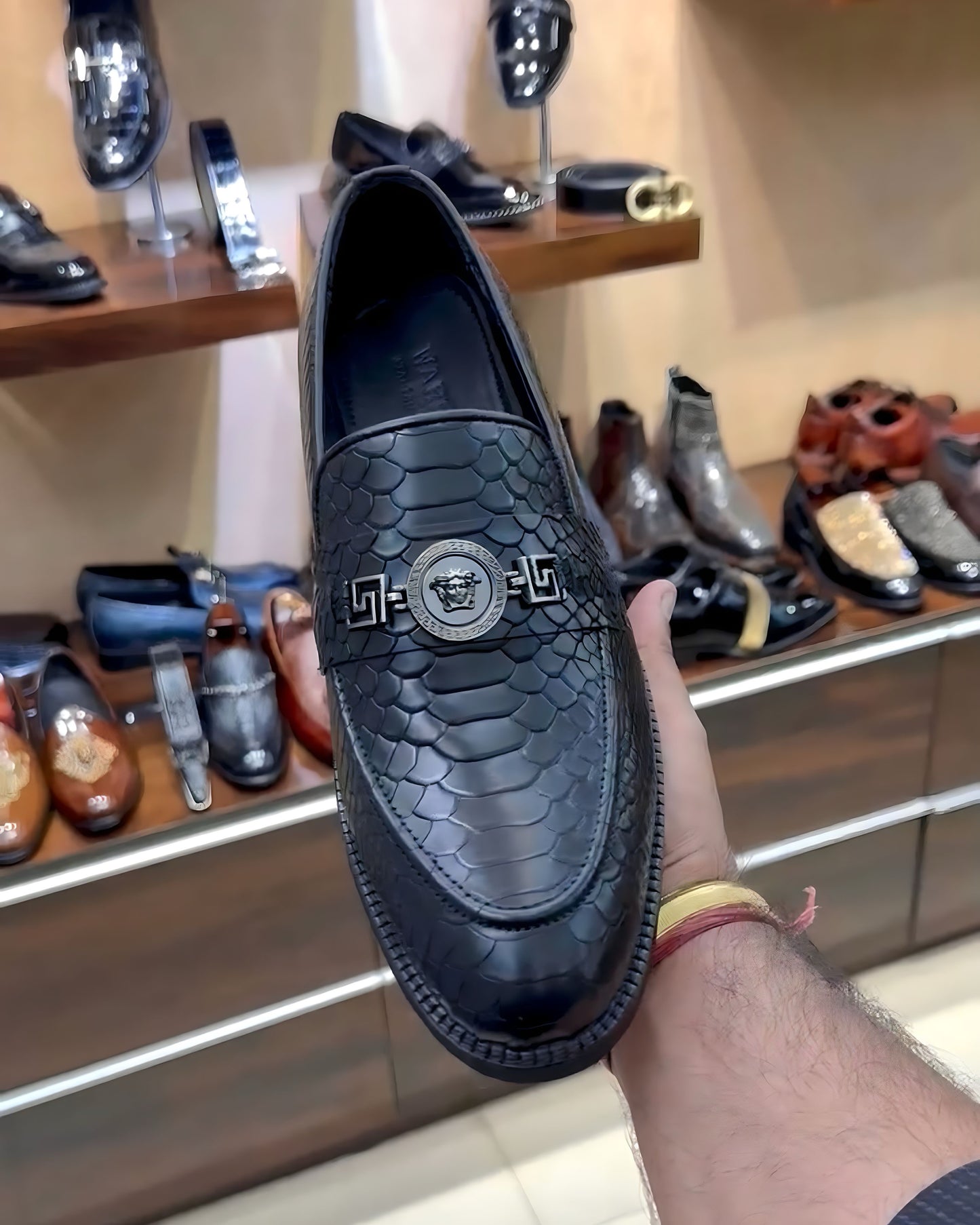 Designer Black Cobra Scaled Slip-on Loafers