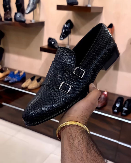 Raven Black Cobra Scaled Double Monk Moccasins