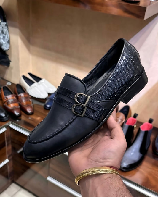 Black Moc Toe Double Monk Loafers with Croc Leather