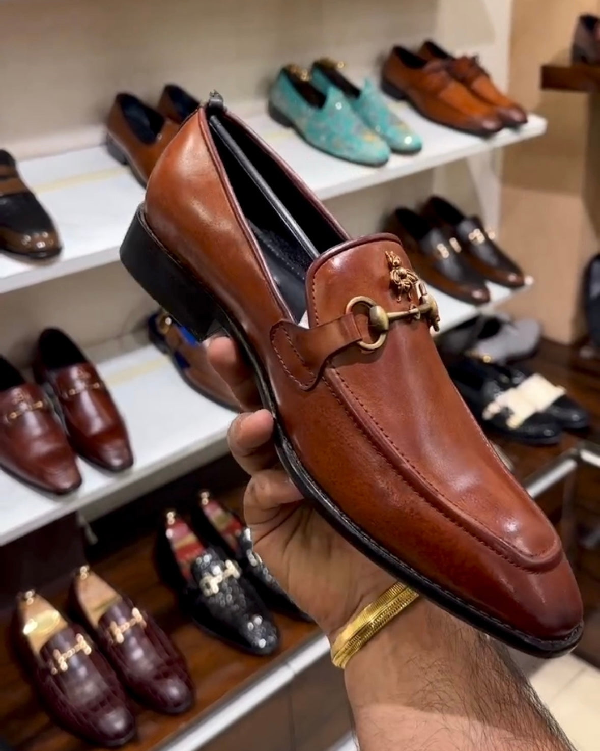 Cognac Tan Horsebit Loafers with Bee