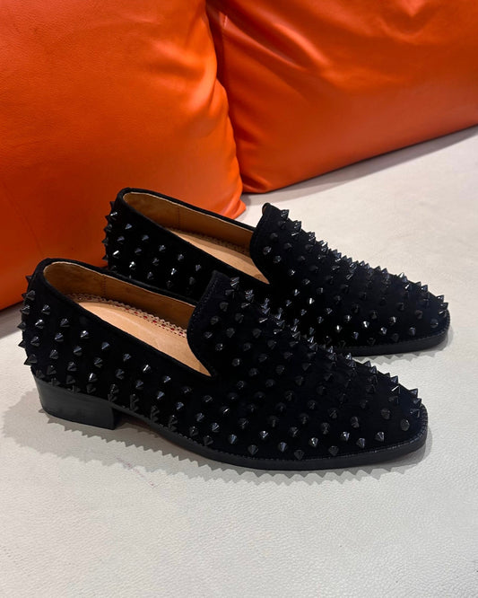 Black Studded Loafers with Beige Lining & Red Bottoms