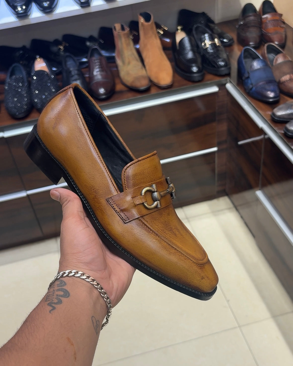 Yellow-tan Patina Horsebit Loafers