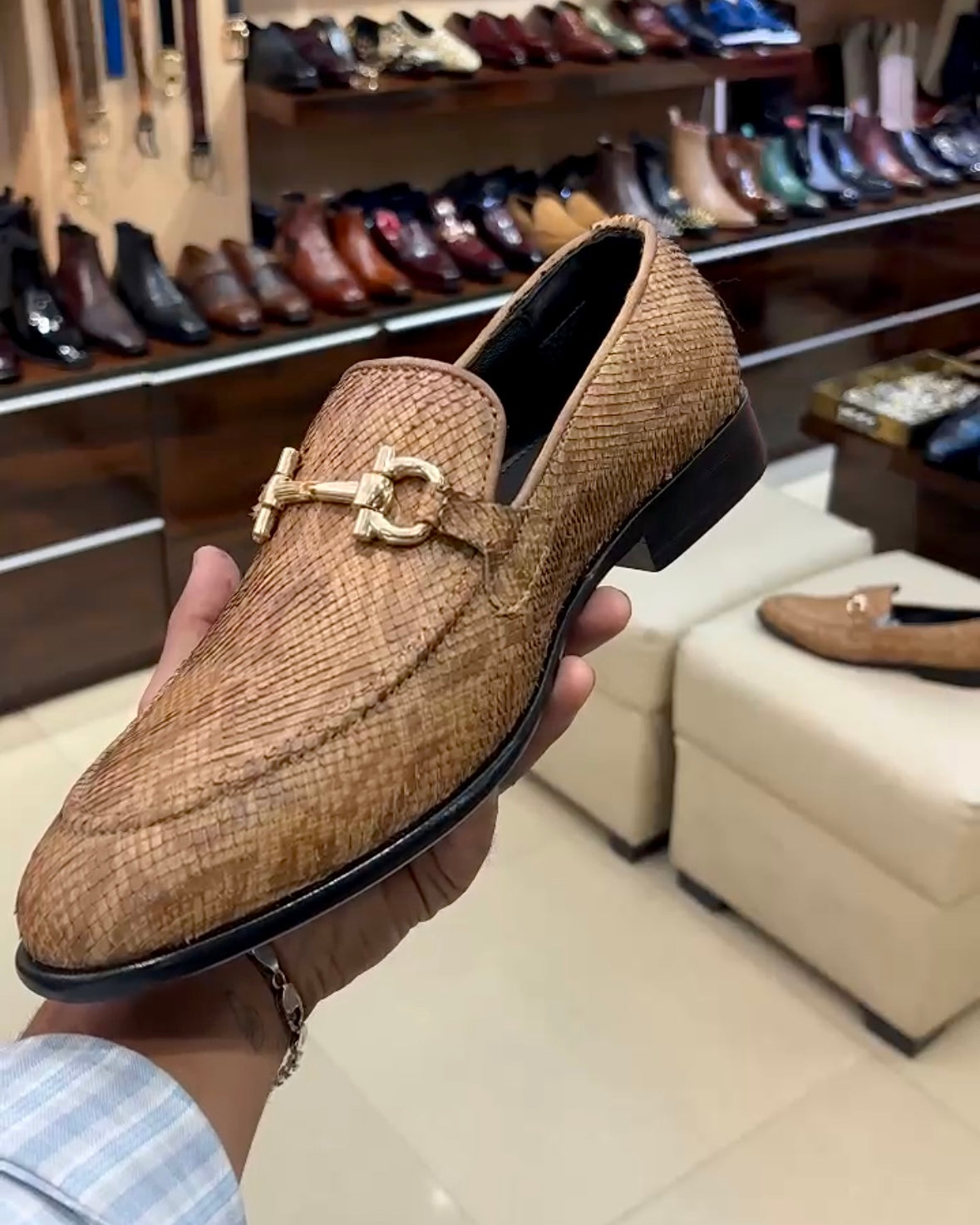 Exotic Beige Snake Pattern Horsebit Loafers