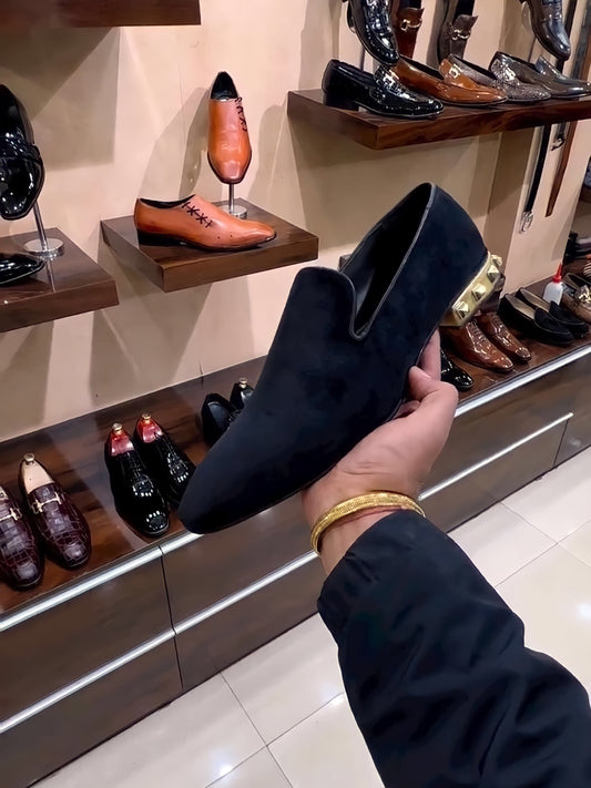 Black Suede Studded Gold Heel Red Bottom Moccasins